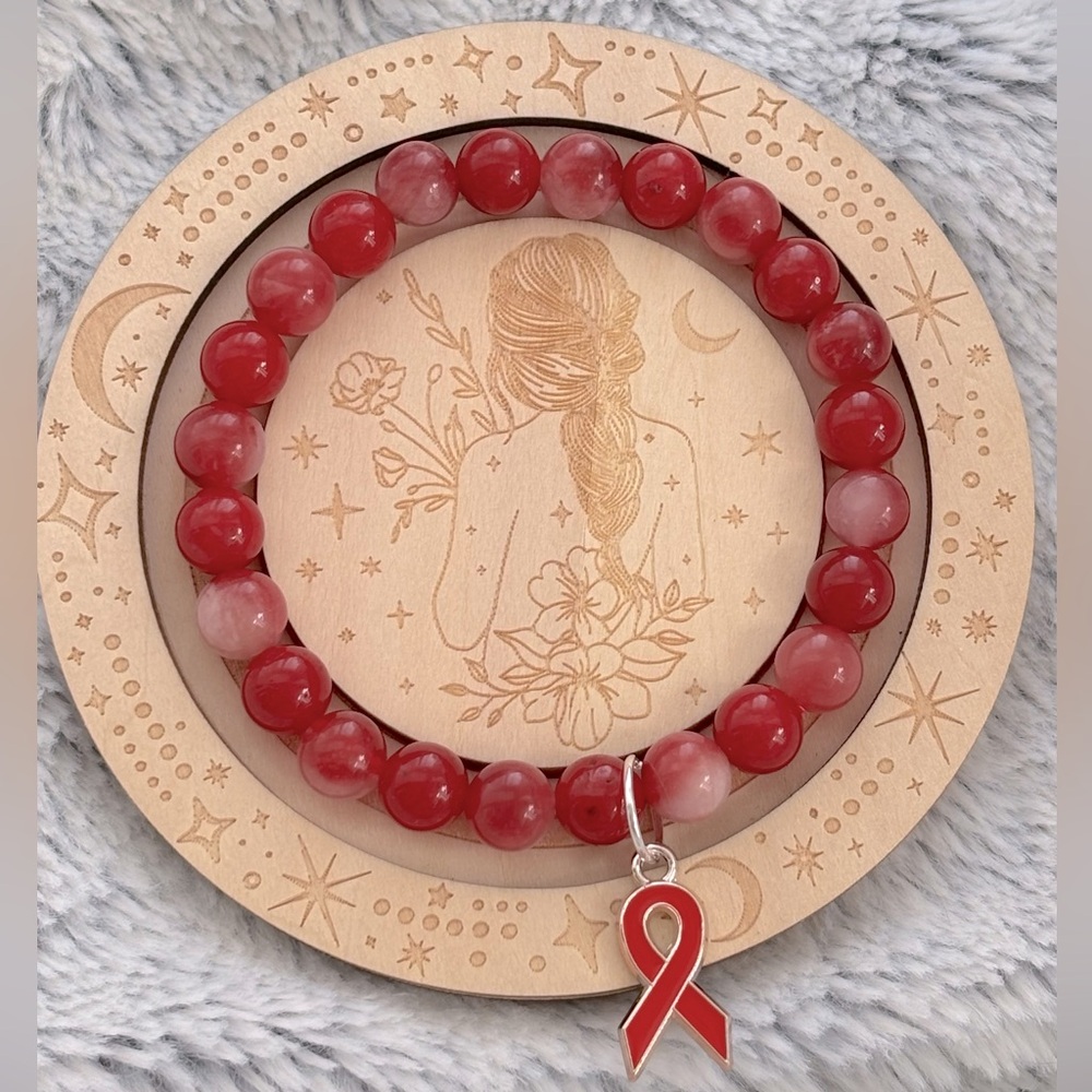 Red Ribbon Awareness Jade Beaded Bracelet